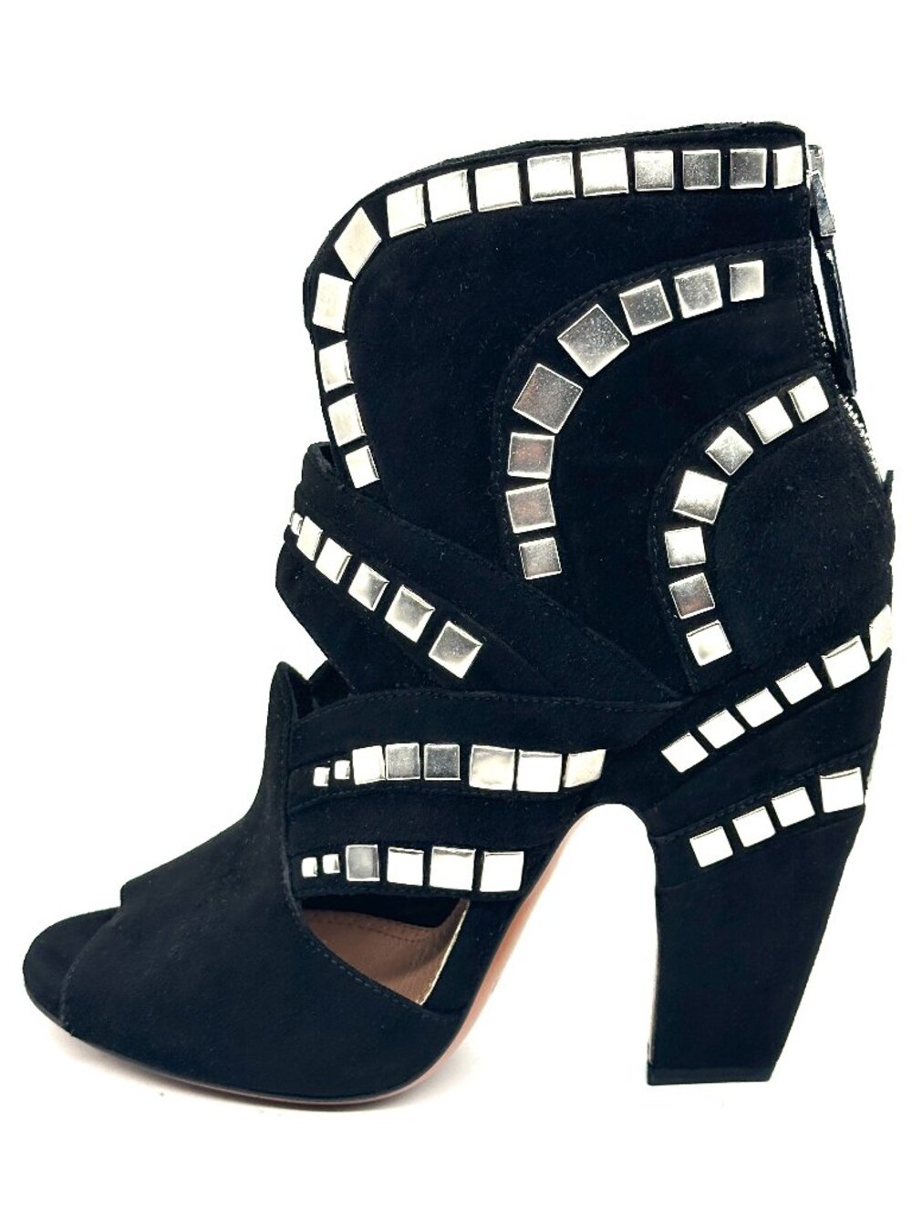 Azzedine Alaia Suede Studded Cutout Open Toe Ankle Booties Boots Heels